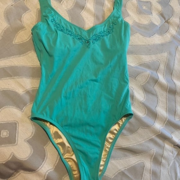 Turquoise jeweled One Piece Bathing suit cross cross back built in underwire bra - Picture 2 of 8